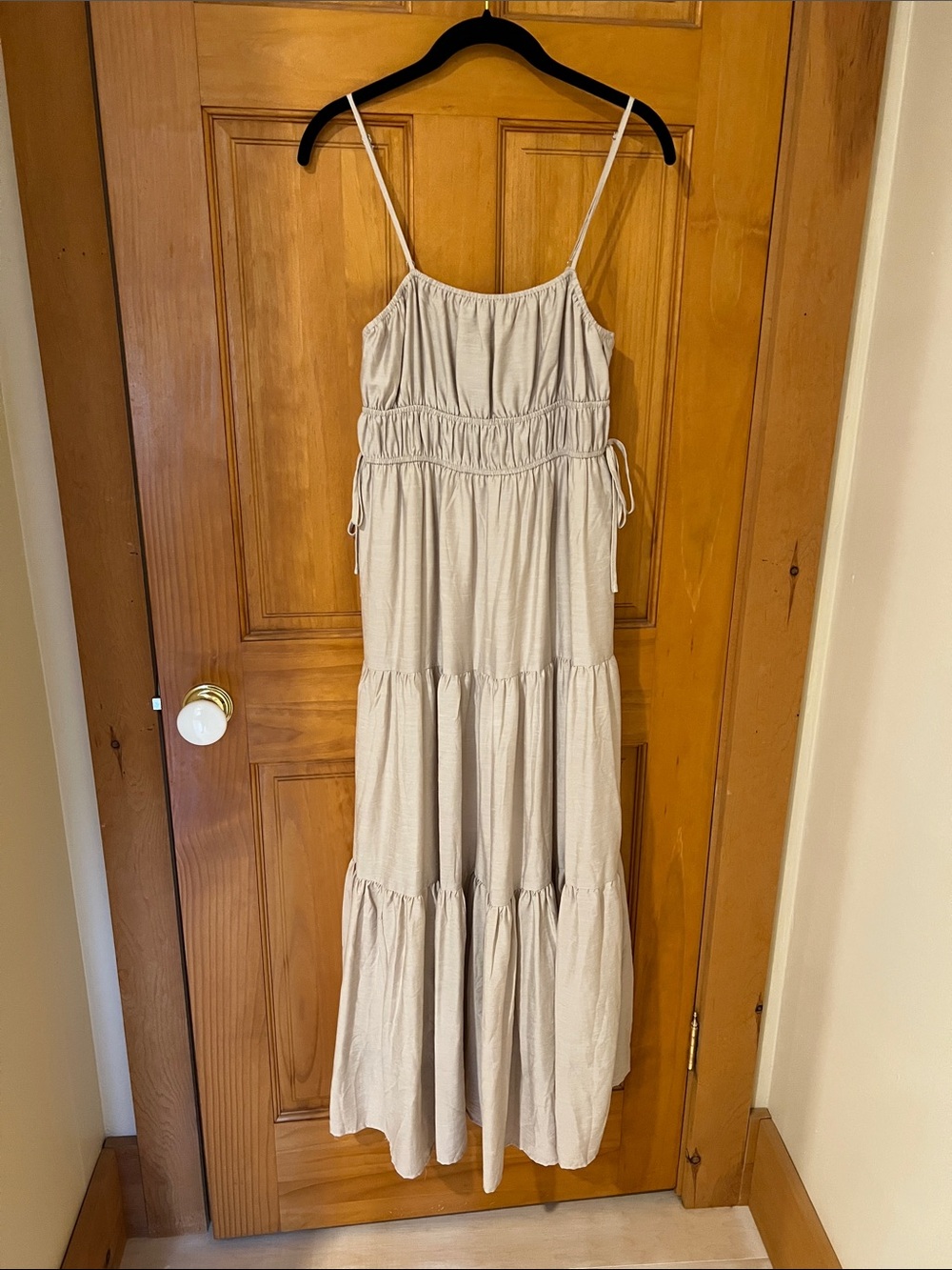 Blu Pepper Beige Tiered Spaghetti-Strap Maxi Dress